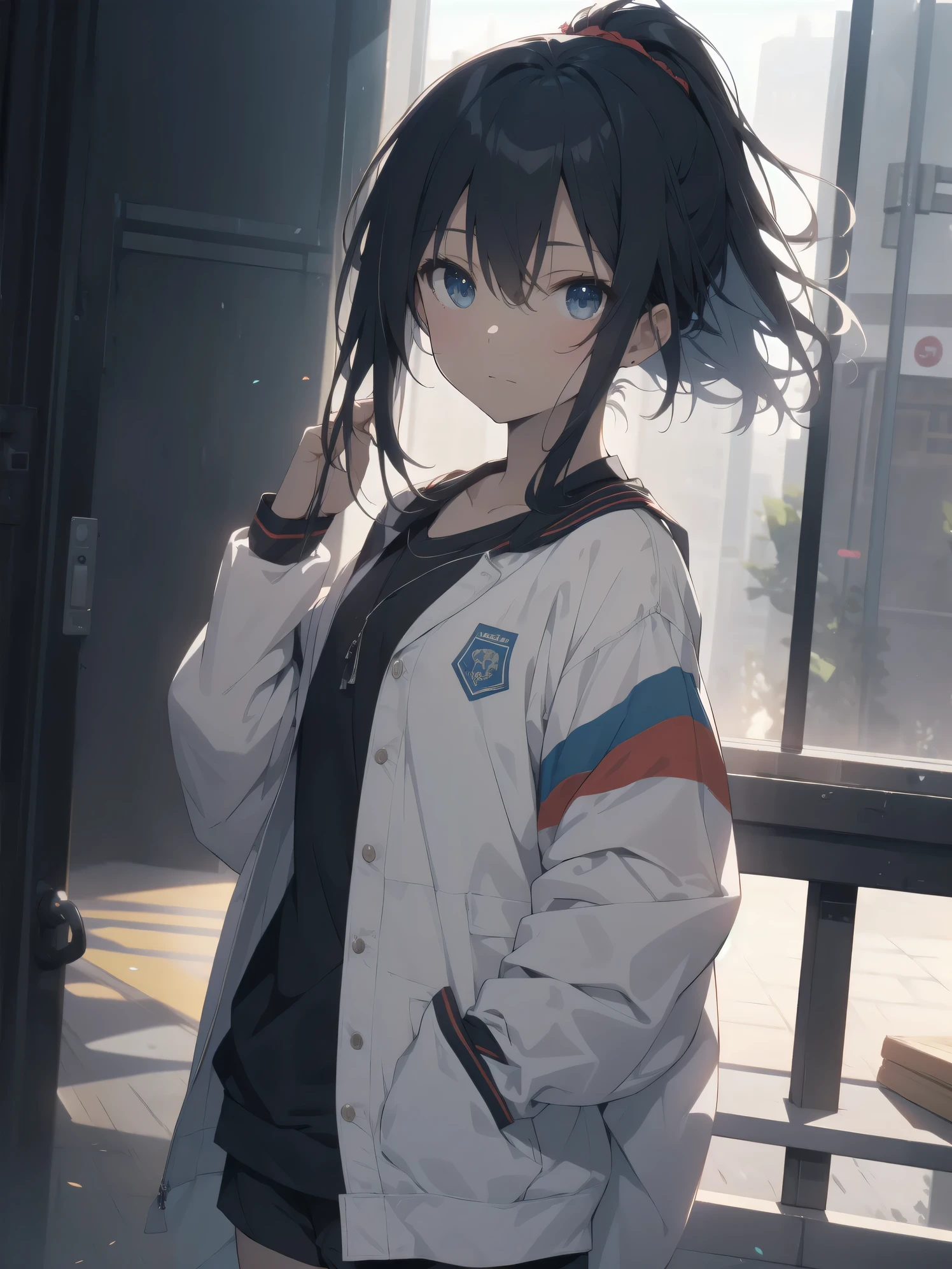 ultra-absurdres-Top quality by artist God, ultra-detailed, high resolution, anime moe artstyle, best anime 8k konachan wallpaper, pixiv contest winner,pool:2810, perfect anatomy,break, 1girl, (Please draw a girl walking to home alone. )break,(Solo,little female, 13-year-old:1.3),Full limbs, complete fingers, (very short hair), ponytail, flat chest, groin, small butt, thighs, small black eyes, beautiful detailed eyes, well-proportioned iris and pupils, expressive eyes, highres detailed hair, soft expression, school_gym uniform, official_alternate_costume,gym short shorts,(Detailed Lighting), (Detailed background),solo_focus, in the School commute route. break,super detailed skin, Best cinematic lighting powered by famous artist, 8k,beauty illustration,photoshop_(medium),very aesthetic,break,((artist:futa_(nabezoko) )), artist:bolze ,artist:oyari_ashito ,artist:kantoku ,
