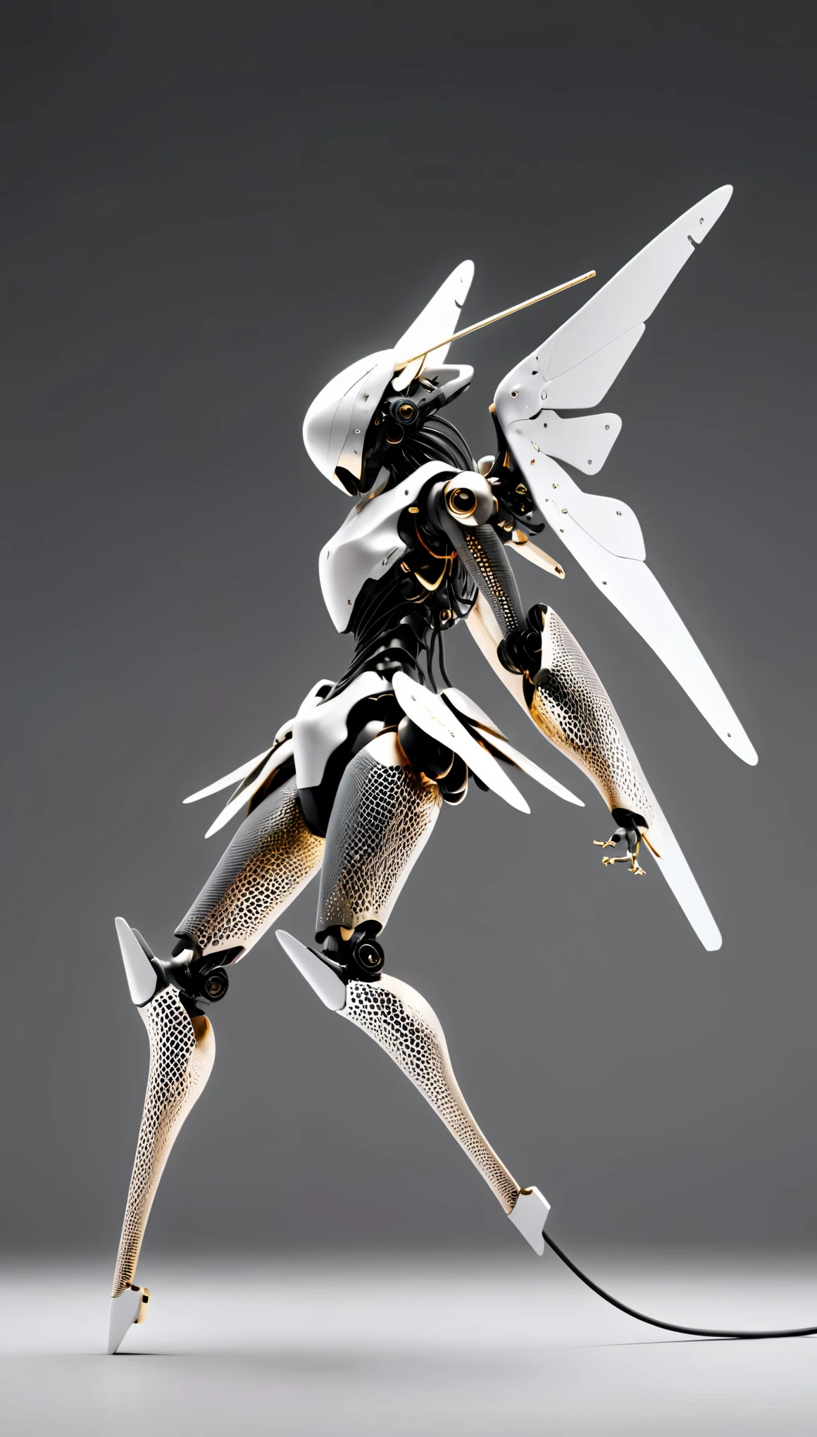 ,future technologies,bailing_robot,robot,robotics,machine_robo,A metal robot with delicate mechanical patterns,gradient,Partial texture of a metal robot,gradient background,grey background,Technological Fantasy,monochrome,solo,weapon,greyscale,no humans,simple background,1girl,Matte Metal,wings,wire