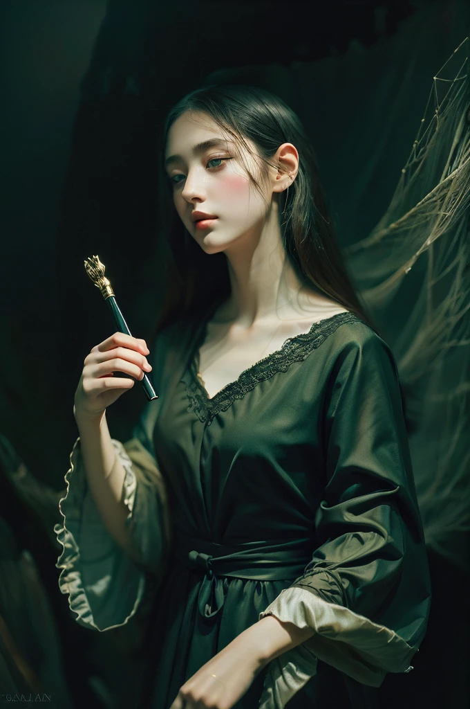 ( masterpiece, top quality, best quality,8k,17 years old girl,ultra detailed,raw photo:1.5),(photorealistic:1.4), (cinematic lighting), PerfectNwsjMajic, , Surrealism, UHD, ccurate, Super detail, textured skin, High detail, Best quality, dynamic angle, White skin,[Beautiful blue eyes], high nose,[flat chest:large breasts:0.5],(1girl),(good anatomy:0.5)), Dreamy atmosphere, Dark-toned background, expressive brush strokes, mystical ambiance, Artistic interpretation, Stunning Studio Ghibli style costumes, a whimsical illustration, Subtle colors and tones, mystical aura,