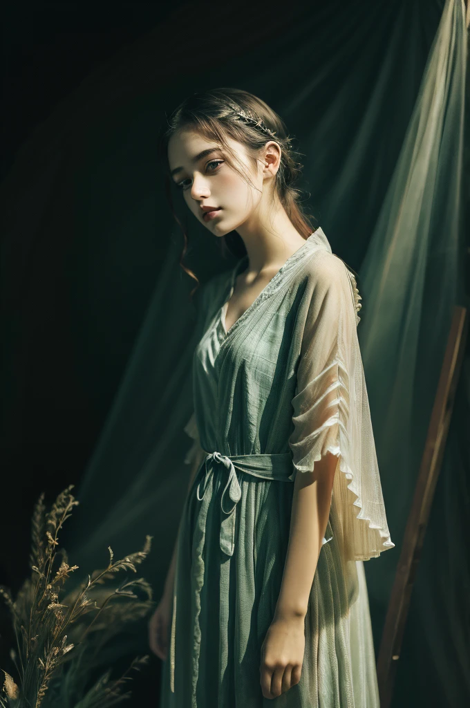 ( masterpiece, top quality, best quality,8k,17 years old girl,ultra detailed,raw photo:1.5),(photorealistic:1.4), (cinematic lighting), PerfectNwsjMajic, , Surrealism, UHD, ccurate, Super detail, textured skin, High detail, Best quality, dynamic angle, White skin,[Beautiful blue eyes], high nose,[flat chest:large breasts:0.5],(1girl),(good anatomy:0.5)), Dreamy atmosphere, Dark-toned background, expressive brush strokes, mystical ambiance, Artistic interpretation, Stunning Studio Ghibli style costumes, a whimsical illustration, Subtle colors and tones, mystical aura,