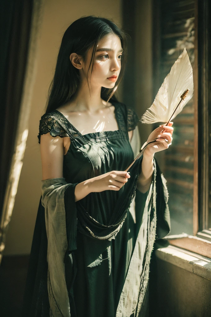 ( masterpiece, top quality, best quality,8k,17 years old girl,ultra detailed,raw photo:1.5),(photorealistic:1.4), (cinematic lighting), PerfectNwsjMajic, , Surrealism, UHD, ccurate, Super detail, textured skin, High detail, Best quality, dynamic angle, White skin,[Beautiful blue eyes], high nose,[flat chest:large breasts:0.5],(1girl),(good anatomy:0.5)), Dreamy atmosphere, Dark-toned background, expressive brush strokes, mystical ambiance, Artistic interpretation, Stunning Studio Ghibli style costumes, a whimsical illustration, Subtle colors and tones, mystical aura,
