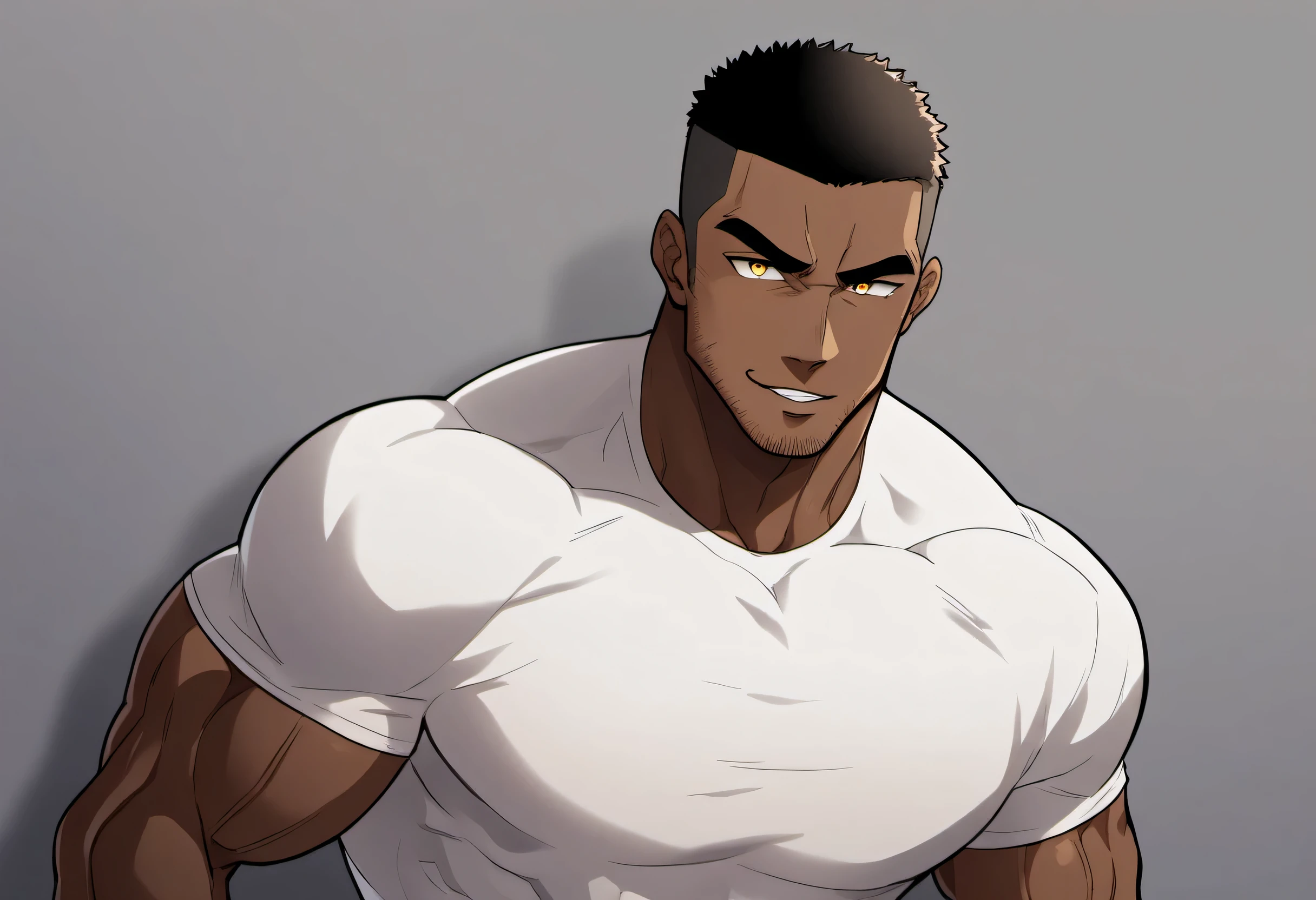 anime characters:Black man, Fitness coach, Dark black skin tone, His skin is pitch black., 1 muscular tough guy, Manliness, male focus, Cream Lycra T-shirt, Very tight, The pectoral muscles are oversized, Slightly transparent, muscular male, muscular, only, Upper body, alone, White short hair, Thick eyebrows, stubble, Yellow eyes, Grey background, simple background, amazing quality, best aesthetics, Ridiculous, bright pupils, crew cut, parted lips, seductive smile, torogao, naughty face, drop shadow, best quality