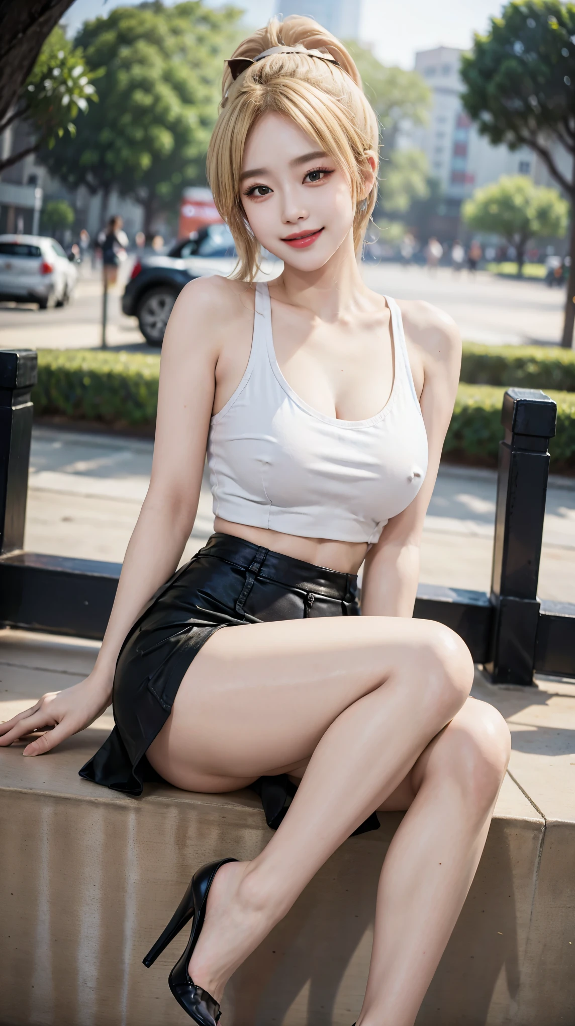 masterpiece, highest quality, One girl, Large Breasts(G-Cup),beautiful, sexy,glamorous,Are you okay, delicate, Very complicated, detailed, Blonde, ponytail,Jacket, Tank top,mini skirt,High heels, ((masterpiece)), extremely detailed, highest quality, High resolution, ((at the park)), Bridget, smile,