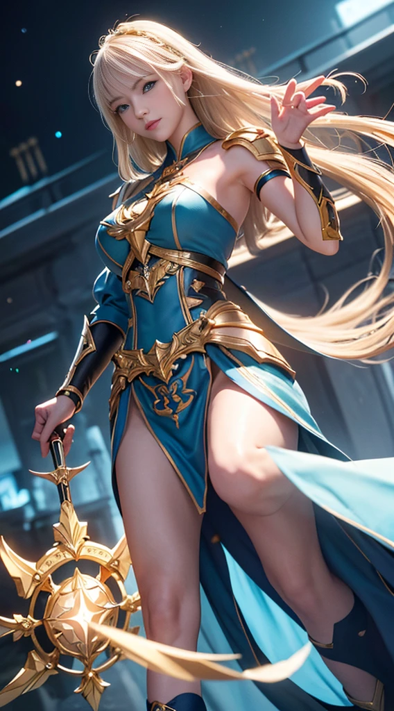 ((highest quality, 8k, masterpiece: 1.3)),Real 8K、7-Head Body Slender Beauty、笑顔黄金の鎧をまとった威厳あるPaladin, （Wield a sword filled with light, And a huge gold shield）. Paladin;Her blue eyes sparkle with determination as she walks down a dark, mysterious street... The glow of the Paladin&#39;The sword lit up the surroundings.., Uncover intricate details，Add a cinematic touch to your work. The overall aesthetics are、It captures the beauty and depth of the scene., Reminiscent of Fujifilm photography.　7-Head Body Slender Beauty、（A gentle smile）、A bold and dynamic fighting pose