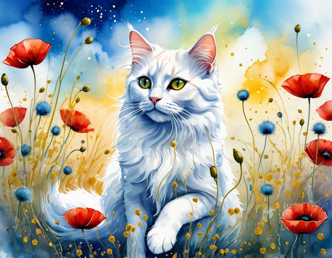 Watercolor and wet ink oil, wind art, etheral atmosphere. Background blue cloudy. Splatters, faerie dust and gold lines. Foreground a beautiful white cat sitting staring in the sky the dandelions seeds as faerie dust with some red poppies and dandelions. In the style of otherworldly illustrations, vibrant color gradients, aesthétic. Award wining prize painting. The HDR 8K, SSAO, and high-definition rendering enhance the vibrant colors and intricate details, making this illustration truly cinematic, fashionable, and immersive.