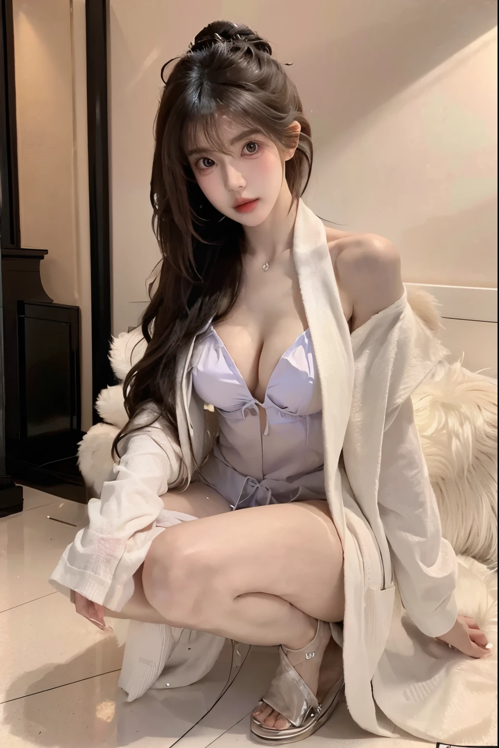 Beautiful woman with perfect body:1.4,Layered Hairstyle,Prominent cleavage,Highly detailed face and skin textures,Double eyelids,Skin Whitening,Long hair,Whitened long legs,Improved bathrobe,Sexy goddess