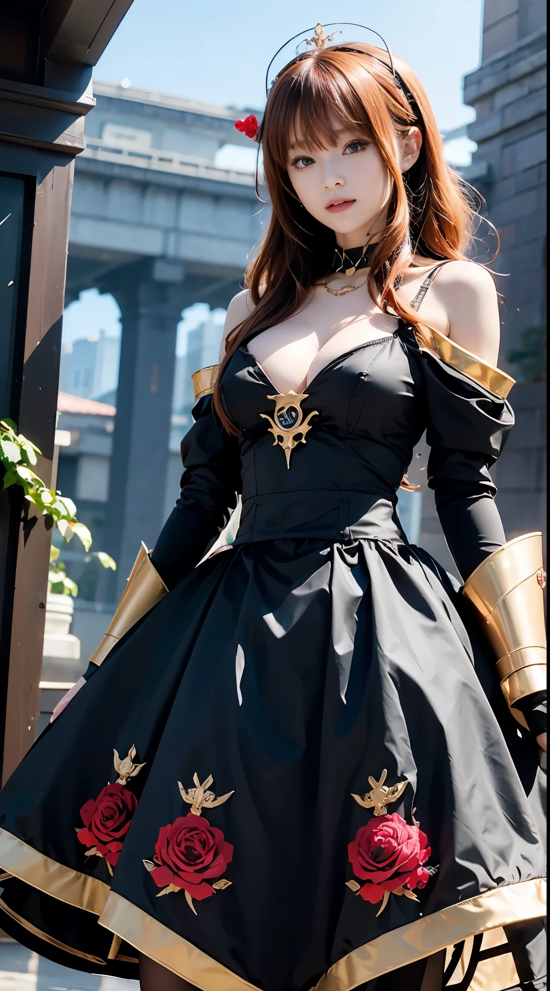 Redhead、1 Female robot、Reddish pinkish dress、Wearing black armor over the dress、place々It is a gold rose design、The skirt of the dress is made of velour fabric、The weapon is a rose thorny gun、There are ring-shaped mines of thorns、The face is covered with a mechanical mask that looks like a motorcycle helmet、The upper part of the mask is reddish-pink、The chin of the mask is white、The mouth of the mask is fangs like a vampire、The eyes of the mask are goggle-shaped、The eyes of the mask are glowing red、The mask has a large black ribbon on the head.、Transformation Belt、Wearing pin heels trimmed with black gold、Battlesuit like a mechanical dress、Each part has frills、8k、Clear contours、The octopus mascot character will appear on the screen、The background is a castle garden with blooming roses、a beautiful girl character、Anime Touch、Anime Assortment、The weapon is a machine gun intertwined with gold and black and rose ivy、Wearing futuristic black metal armor、Armor covers shoulders and chest、cyber punk、The shadow color is a vivid color、Near future、Clothing Cyber Design、The weapon is a machine gun about your own length、The body is almost robotic、The robot has black armor with golden lines、The armor is a rose design、Gundam、Ahmad Koa、Iron Man、Armored Trooper Votoms、Squadron theft、Five Star Stories、Elgeim、Giant Female Robot、Cybele、Mobile Suit、Rosen Zuhl、kshatriya、The head is a mechanism、Have a railgun larger than your height、Large and small firearms