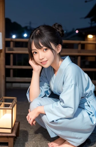 best quality, detailed, beautiful, insanely detailed, absurdres,perfect anatomy,
Japanese woman,black hair,27 years old,
(slender),
(small breasts best quality),full body shot,
Japanese festival, cheerful grin, squatting, hair bun, japanese white and light blue yukata, with a shrine, with a starry sky, at night, front view, darkness