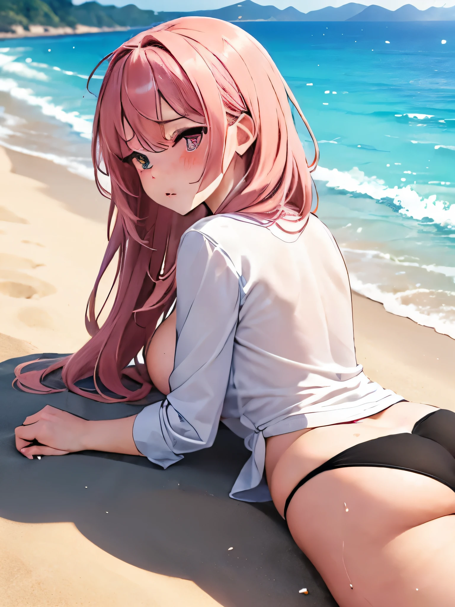 (masterpiece,highest quality, detailed), One girl, alone, Lying on the beach,Point your ass to the camera,Ocean, Fireworks at night, whole body,bikini,Sweat, Ahegao, Roll your eyes, blush, naked、Pink Hair,Messy wavy long hair,open chest white shirt、Black underwear,A tight-fitting shirt、Big Breasts