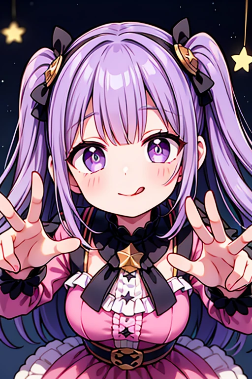 ai hoshino, gloves, tongue sticking out, tongue, Long Hair, star (symbol), Watch the audience, (Purple Hair: 1.2), Purple eyes, Upper Body, hair accessory, Frills, pink shirt, smile, No sleeve, shirt, Idol, symbol shaped pupil, Please raise your hand, bangs, One side up, star-shaped pupils, Raise your arms, Dress Pull, The Roaring Twenties, Isoscale, From above, whole body, Rembrandt, figure, detailed, Depth of written boundary, Looking at the audience, peace sign, Please raise your hand, tongue out, highest quality, High resolution.