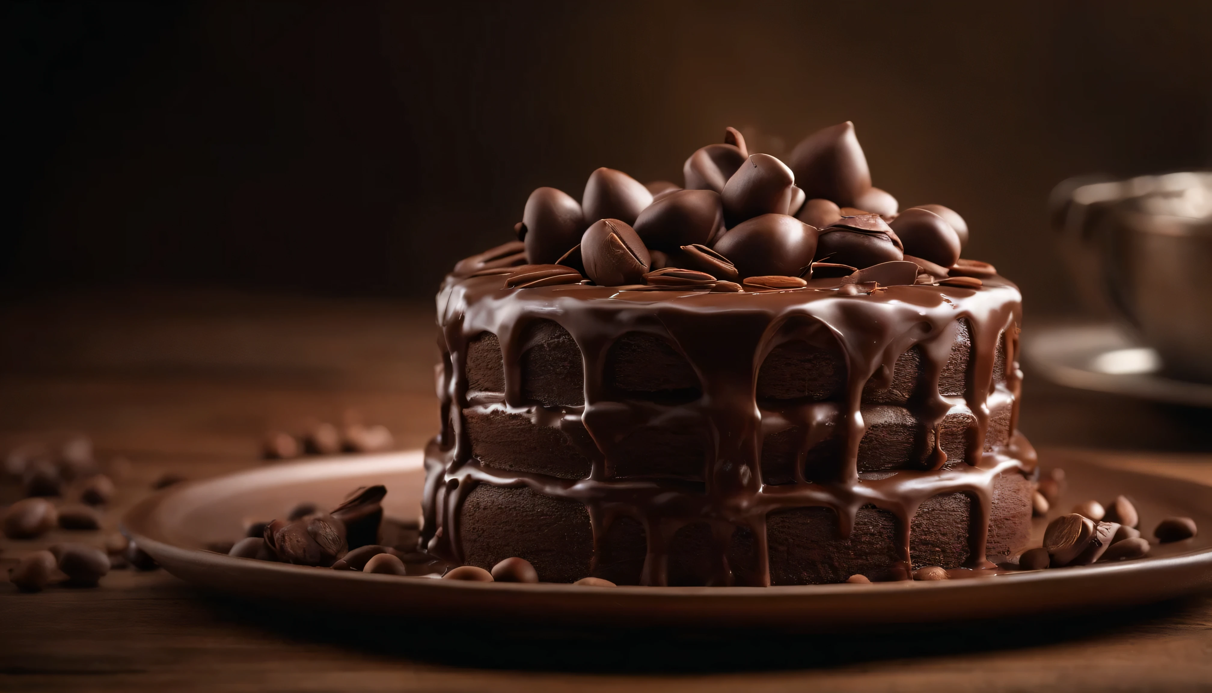 Nesta Images, We zoom in on the intricate process of drizzling a smooth chocolate ganache "Supreme Chocolate Bowl." Scene showing the chef&#39;s hands, Capture in motion, At the same time, skillfully pour the silky chocolate on the surface of the cake. wealth, Dark chocolate contrasts with light chocolate, White background creates a stunning visual effect, Emphasis on the accuracy of drizzle. Bright Lights, No shadow, Ensure drizzle details are bright and attractive. The camera used is Canon EOS 5D Mark IV，Equipped with macro lens，Captures fine details of chocolate flow. Composition slightly off-center, The drizzle starts from the upper left corner，Cascading gracefully. Pictures are high resolution, Let the audience appreciate the artistry of every drop of chocolate.