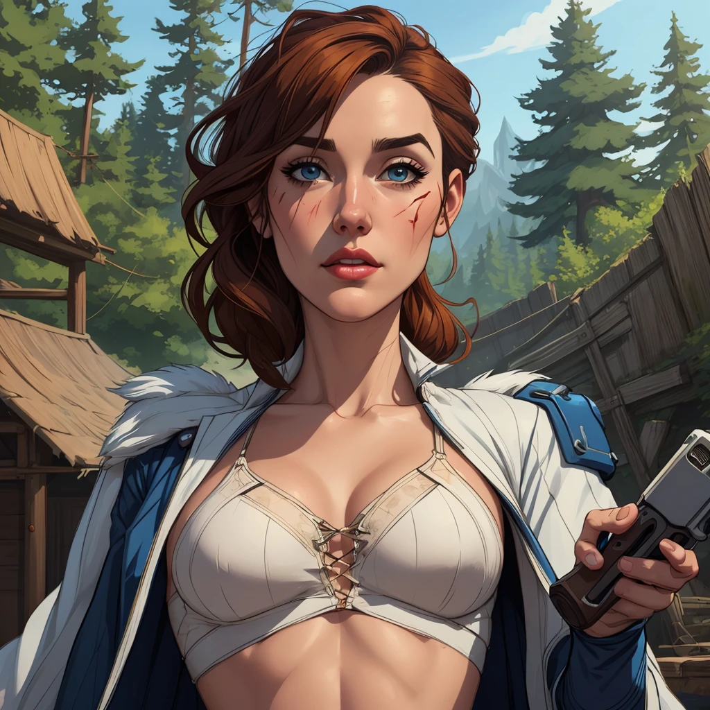Jeday style warrior female character armed with a .38 revolver Western style atompunk Fallout 4 Jennifer Connelly le with war scars Cartoon image of a woman .Ilustra??o estilo desenho animado, estilo de arte dos desenhos animados, estilo de arte dos desenhos animados, digital illustration style, estilo atompunk design de personagens altamente detalhado, arte digital detalhada coragem, Forest fan art, Design de personagens de retrato, beautiful digital illustration, retrato de alta qualidade, Arte em quadrinhos, mulher jovem cabelo com transas lindas . Queen Anna of ArendelleBeautiful lined eyes Medium large bust and wonderful sexy clothes. image expression of sexual desire from waist to head illustration Queen Anne of Arendelle atompunk style Fallout 4 The perspective is from below, enfatizando a majestade e o poder da Gigante." armed with a 38 western style revolver with a 38 revolver in her hands jeday style warrior in summer clothes on the beach