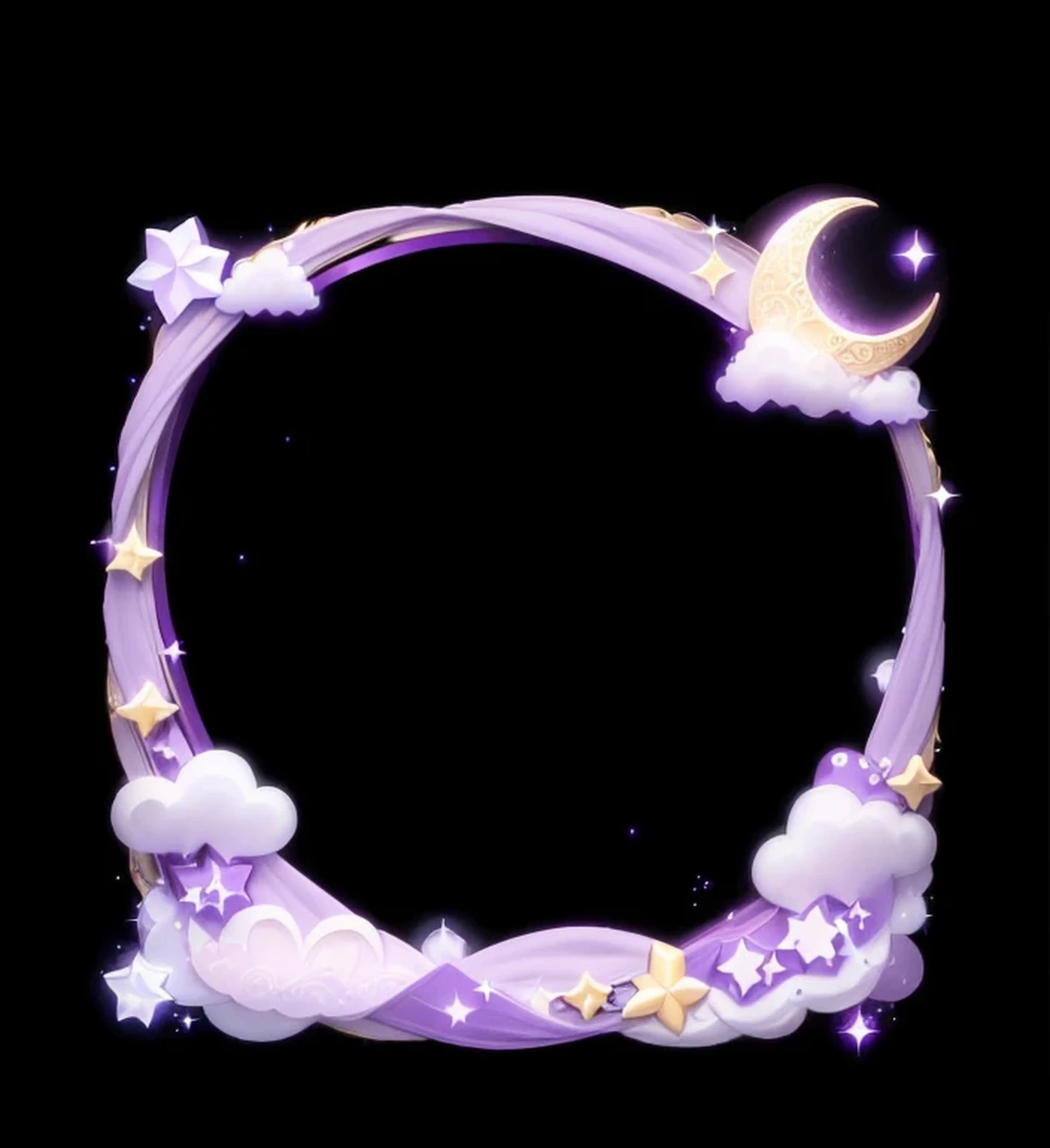 Close up of a purple frame with stars and clouds, dream soft, dream night, dream, ✨🕌🌙, fantasy puffy sky, dream portal, purple sky under moonlight, Moon and stars, new moon, themed on the stars and moon, [[fantasy]], omor, or, shining new moon, skyline, cloudy night