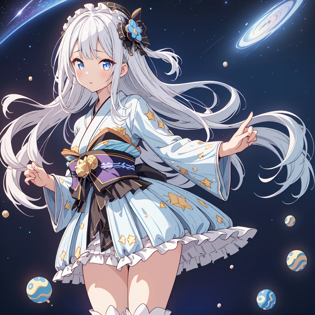 Star Fairy、(masterpiece, best quality), 1girl, 「A beautifully printed galaxy patterned kimono and gothic ta outfit.、Space pattern box pleated mini skirt with ruffles、Standing in front of the viewer、Knee-high boots、Captivating eyes、Perfect and stunning face、Exquisite details、Clear images、highest quality。」Milky white and light blue gradient long straight hair、
