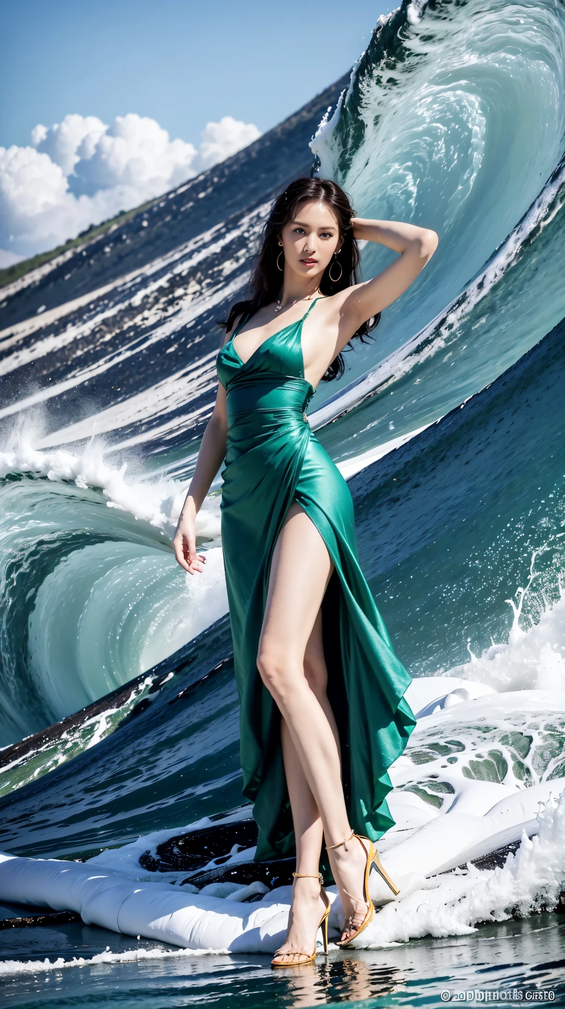 highest quality,masterpiece,Ultra-high resolution,(Actual:1.4),Original photo,Ultra-high resolution,8k,There are women,Fair skin,Exquisite makeup,Big waves,Blue-green dress with open neckline:1.2,High heels,Long legs,Bright and beautiful,Sexy Random Poses,Lively poses,Slender women:1.5,