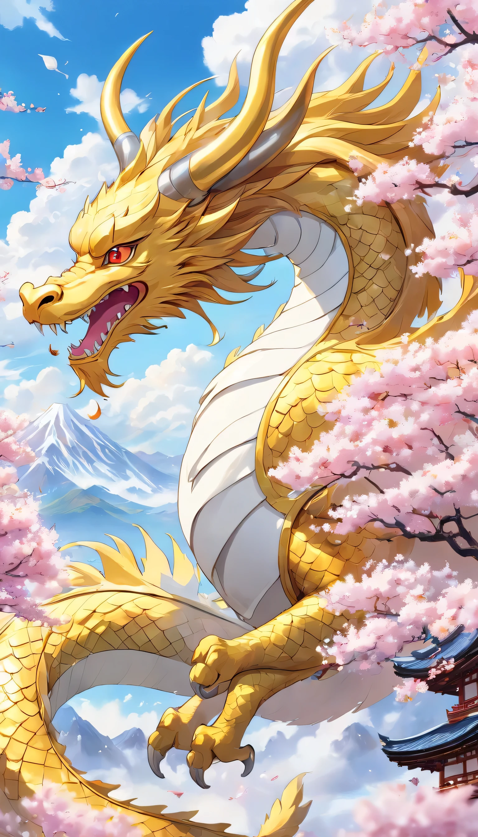 masterpiece、(White background:1)、Golden Japanese dragon surrounded by white clouds、Pink cherry blossom tree、petal、Wind、god々、Long undulating body、Fantasy、God Story、high quality、Very detailed、masterpiece、Particle Effects、Dynamic Effects、Sun in the background、Flying in the white clouds