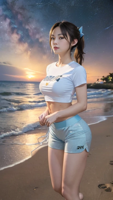 ((masterpiece)), (highest quality), 23 years old,Very detailed, finely, (High resolution), (8k), ((Perfect front viewcomposition)), (Natural color lip),(Side Ponytail:1.3),(((Standing facing forward on the beach at night, look at me))),((Printed T-shirt)),((Light blue fitness shorts)),((From the whole body to the toes:1.3)),((Perfect front view)),((The magnificent Milky Way floating in the night sky)),((Natural pose)),,((Big ribbon on thigh)),((Normal size buttocks)),((Ample breasts)),((Full and firm breasts)),(Small Pareo),