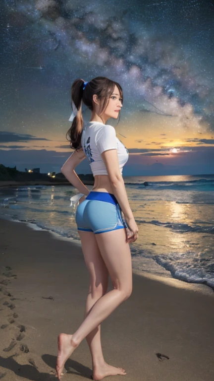 ((masterpiece)), (highest quality), 23 years old,Very detailed, finely, (High resolution), (8k), ((Perfect front viewcomposition)), (Natural color lip),(Side Ponytail:1.3),(((Standing facing forward on the beach at night, look at me))),((Printed T-shirt)),((Light blue fitness shorts)),((From the whole body to the toes:1.3)),((Perfect front view)),((The magnificent Milky Way floating in the night sky)),((Natural pose)),,((Big ribbon on thigh)),((Normal size buttocks)),((Ample breasts)),((Full and firm breasts)),(Small Pareo),
