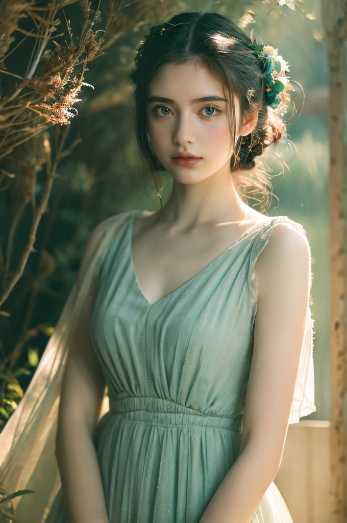 ( masterpiece, top quality, best quality,8k,17 years old girl,ultra detailed,raw photo:1.5),(photorealistic:1.4), (cinematic lighting), PerfectNwsjMajic, , Surrealism, UHD, ccurate, Super detail, textured skin, High detail, Best quality, dynamic angle, White skin,[Beautiful blue eyes], high nose,[flat chest:large breasts:0.5],(1girl),(good anatomy:0.5)), Dreamy atmosphere,expressive brush strokes, mystical ambiance, Artistic interpretation, Stunning Studio Ghibli style costumes, a whimsical illustration, Subtle colors and tones, mystical aura,