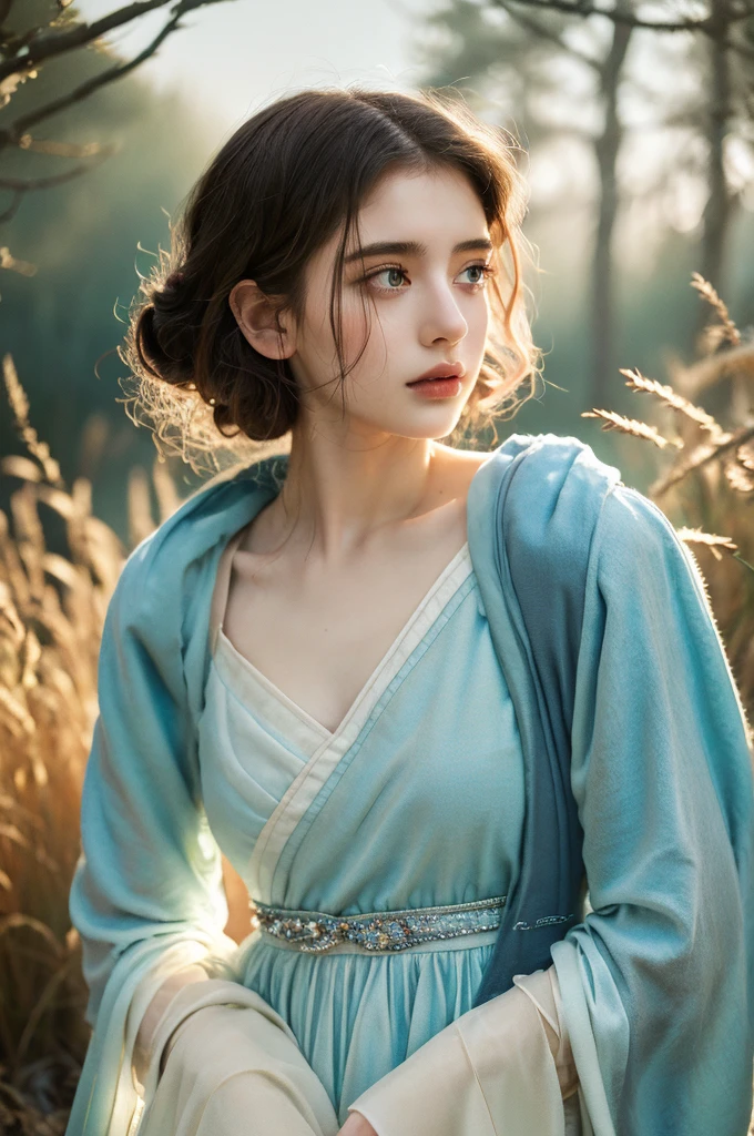 ( masterpiece, top quality, best quality,8k, girl,ultra detailed,raw photo:1.5),(photorealistic:1.4), (cinematic lighting), PerfectNwsjMajic, , Surrealism, UHD, ccurate, Super detail, textured skin, High detail, Best quality, dynamic angle, White skin,[Beautiful blue eyes], high nose,[flat chest:large breasts:0.5],(1girl),(good anatomy:0.5)), Dreamy atmosphere,expressive brush strokes, mystical ambiance, Artistic interpretation, Stunning Studio Ghibli style costumes, a whimsical illustration, Subtle colors and tones, mystical aura,