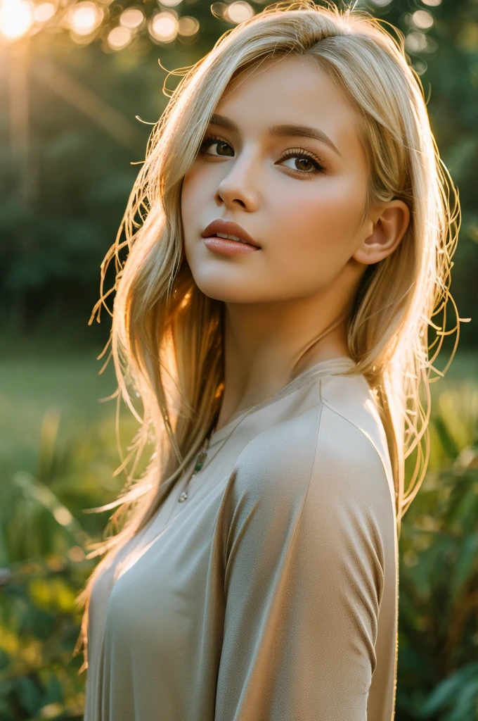 Close-up portrait, sexy ss blonde, parted lips, lips, Casual Dresses, View your viewers, Forest Background, Sunset Light, Realistic