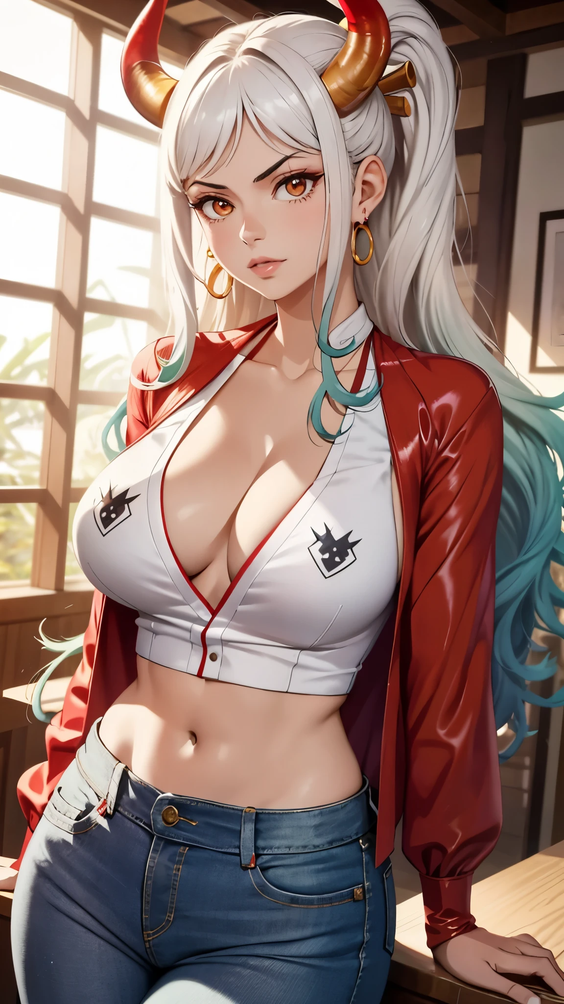 sexy, sexy outfit, Masterpiece, Best quality, 1womanl, A high resolution, Beautiful girl , yamatowanpi,Large breasts,cleavage,red color blouse,denim pant,looks into camera,Raised sexy,Be red in the face