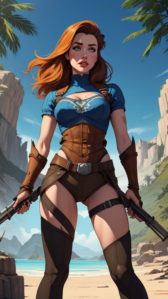 Jeday style warrior female character armed with a .38 revolver Western style atompunk Fallout 4 Jennifer Connelly le with war scars Cartoon image of a woman .Ilustra??o estilo desenho animado, estilo de arte dos desenhos animados, estilo de arte dos desenhos animados, digital illustration style, estilo atompunk design de personagens altamente detalhado, arte digital detalhada coragem, Forest fan art, Design de personagens de retrato, beautiful digital illustration, retrato de alta qualidade, Arte em quadrinhos, mulher jovem cabelo com transas lindas . Queen Anna of ArendelleBeautiful lined eyes Medium large bust and wonderful sexy clothes. image expression of sexual desire from waist to head illustration Queen Anne of Arendelle atompunk style Fallout 4 The perspective is from below, enfatizando a majestade e o poder da Gigante." armed with a 38 western style revolver with a 38 revolver in her hands jeday style warrior in summer clothes on the beach