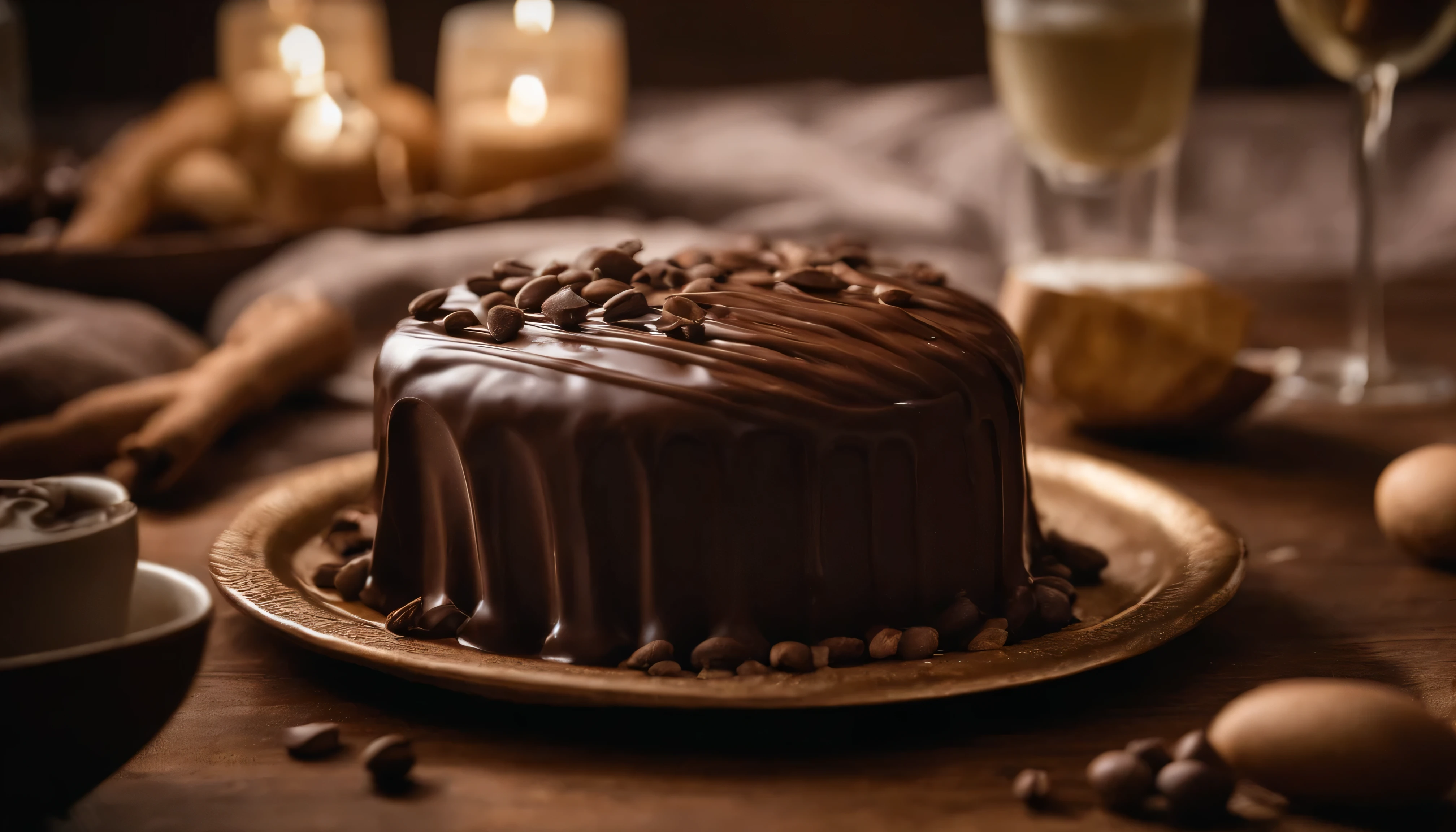 Nesta Images, We zoom in on the intricate process of drizzling a smooth chocolate ganache "Supreme Chocolate Bowl." Scene showing the chef's hands, Capture in motion, At the same time, skillfully pour the silky chocolate on the surface of the cake. wealth, Dark chocolate contrasts with light chocolate, White background creates a stunning visual effect, Emphasis on the accuracy of drizzle. Bright Lights, No shadow, Ensure drizzle details are bright and attractive. The camera used is Canon EOS 5D Mark IV,Equipped with macro lens,Captures fine details of chocolate flow. Composition slightly off-center, The drizzle starts from the upper left corner,Cascading gracefully. Pictures are high resolution, Let the audience appreciate the artistry of every drop of chocolate.