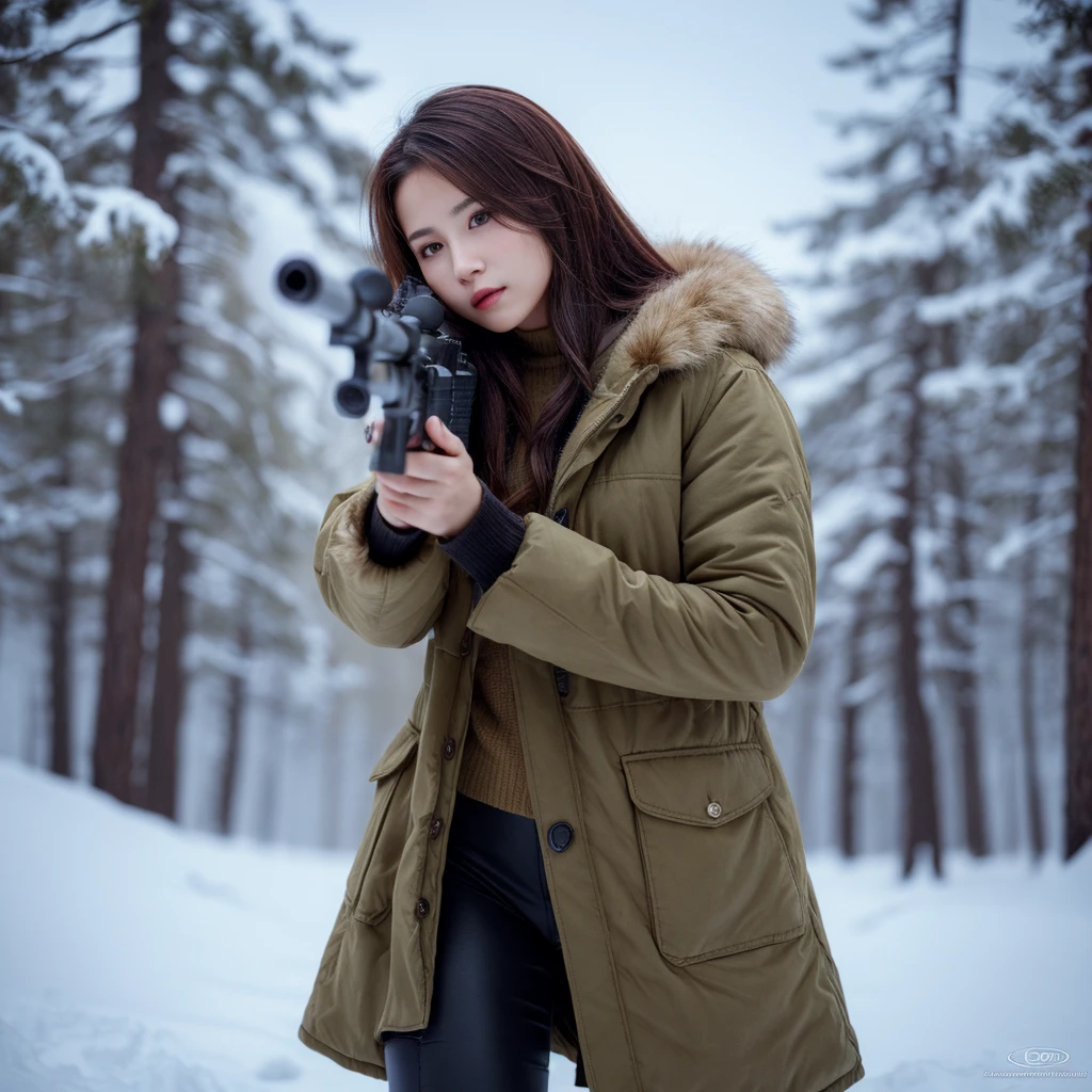 Hunting girl with rifle in combat pose in the snow,Oriental,Blade and Soul,Ink Style,Long Red Hair,leather and fur coat,cold,,aim,artwork,3D,4K,detailed,Realistic