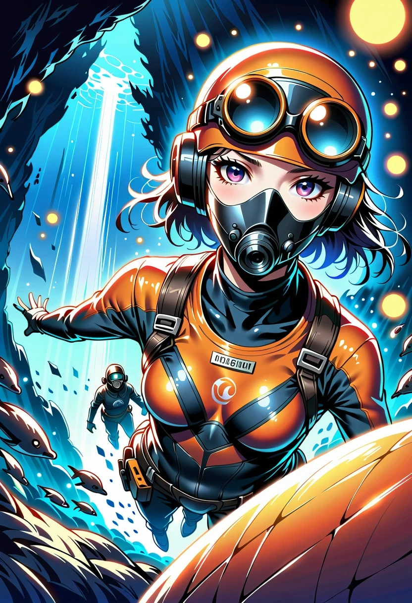 There is a lady wearing a diving suit and goggles,Wear a diving helmet, A diver on the seabed, A diver on the seabed, old scuba, Abandoned diving mask, Underwater perspective,