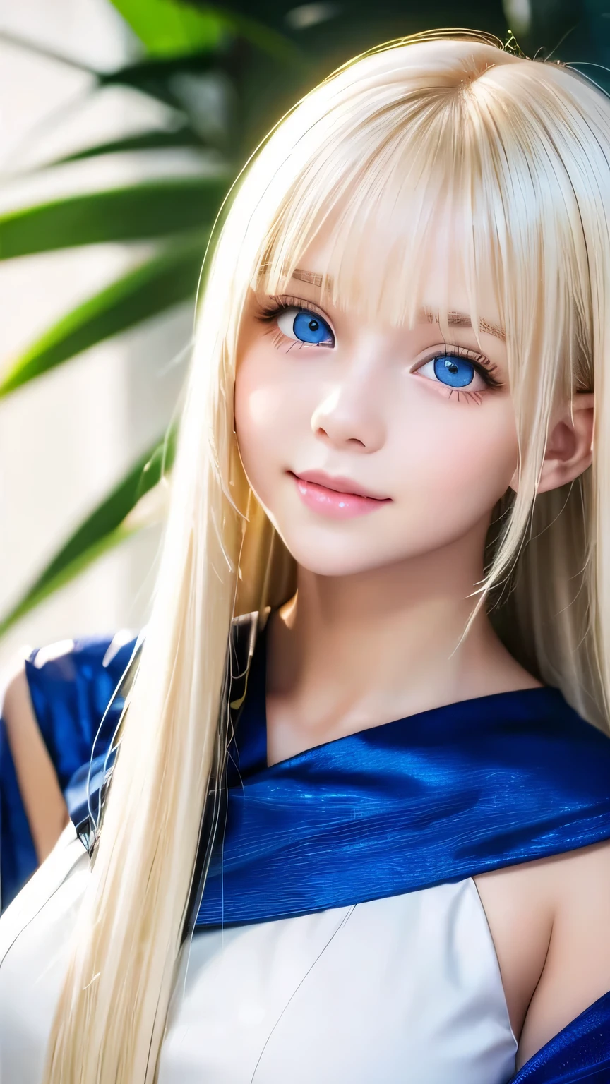 Portrait、、Bright expression、ponytail、Young, lustrous, glowing, white skin、The best beauty、Blonde reflection、Natural platinum blonde hair with dazzling highlights、Shiny bright hair,、Super long silky straight hair、Shiny beautiful bangs、Bright, clear, attractive, large blue eyes、Very beautiful lovely cute  girl、Ample Bust