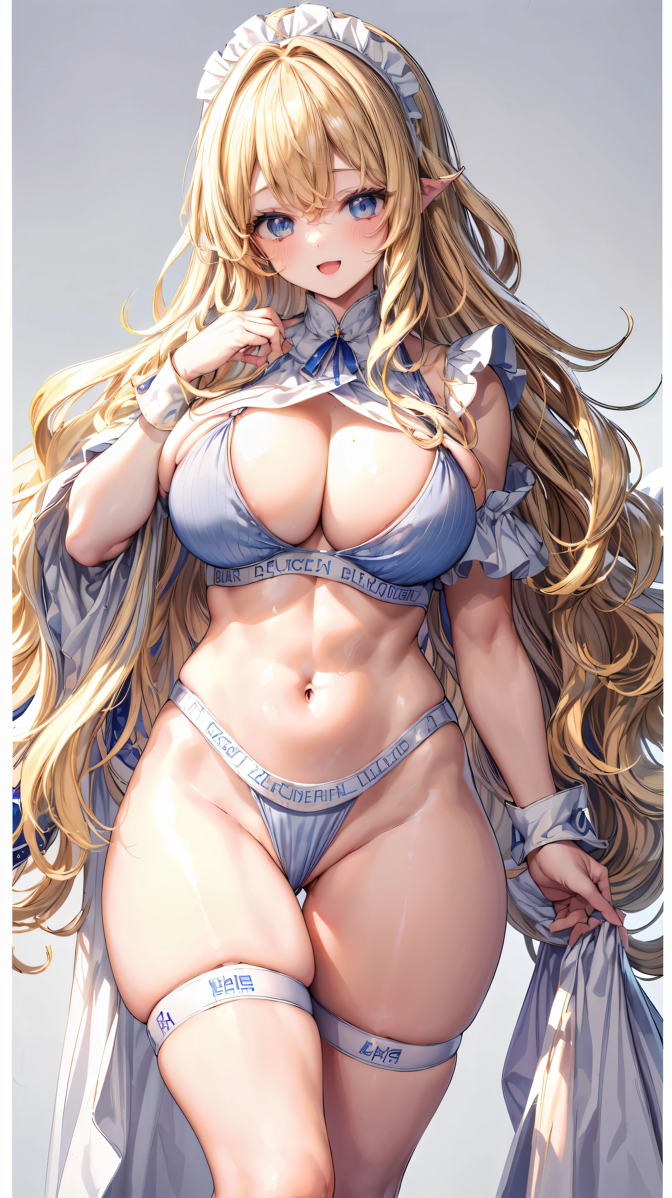 Super detailed、highest quality、Best image quality、masterpiece、8K、Anime Face、A kind smile、Open Mouth、Sparkling Blue Eyes、(Long blonde wavy hair:1.5)、Heavy bangs、Wearing a maid headband、(SFW huge body)、Cowboy Shot、(Wearing a white thong:1.5)、Muscles of the whole body、Knee-high