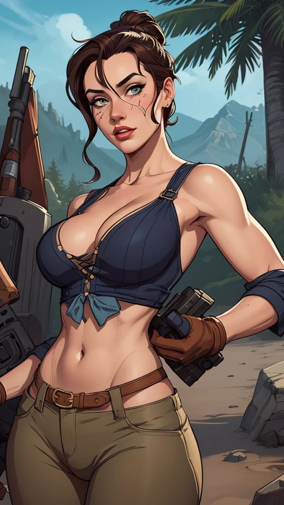 Jeday style female warrior character armed with a 38 revolver western style atompunk Fallout 4 monica Bellucci le with war marks Cartoon image of a woman .Ilustra??o estilo desenho animado, estilo de arte dos desenhos animados, estilo de arte dos desenhos animados, digital illustration style, estilo atompunk design de personagens altamente detalhado, arte digital detalhada coragem, Forest fan art, Design de personagens de retrato, beautiful digital illustration, retrato de alta qualidade, Arte em quadrinhos, mulher jovem cabelo com transas lindas . Queen Anna of ArendelleBeautiful lined eyes Medium large bust and wonderful sexy clothes. image expression of sexual desire from waist to head illustration Queen Anne of Arendelle atompunk style Fallout 4 The perspective is from below, enfatizando a majestade e o poder da Gigante." armed with a 38 western style revolver with a 38 revolver in her hands jeday style warrior in summer clothes on the beach