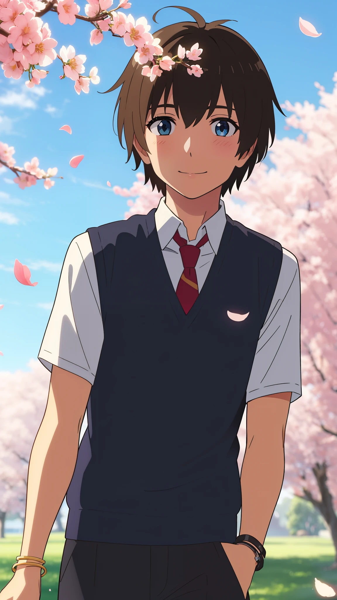 shinkai makoto, kimi no na wa., 1boy, taki, tachibana_taki, bangs, short brown hair, blush, bright eyes, blue eyes, looking at the viewer, red tie, shirt, sweater vest, vest, white shirt, yellow sweater vest, yellow vest, pants, black pants, short sleeves, male focus, solo, day, outdoors, standing, shadow, smile, happy, bracelet, cherry_blossoms, falling_petals, petals, branch, pink_flower, blue_sky, sunlight, spring_season, wind, tree, Upper body portrait