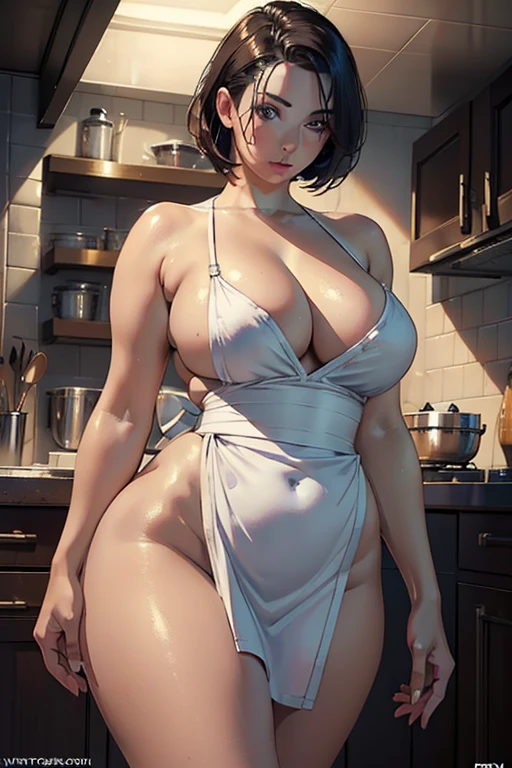 (, (((Masterpiece, Best Quality, photograph realistic))), (Shiny skin), (nfsw, 8K Wallpaper, High resolution), Perfect Anatomy, Cinematic lighting, Physically-based rendering, Award-winning, highly-detailed skin, extra detailed face, Eyes with beautiful details,

[A seductive mother in the kitchen, wearing nothing but a naked apron, showcases her big, curvy figure with ananal short hairdo. In a provocative and enticing pose, she invites you to indulge in a sensual creampie experience.

High Quality, 1 woman, mother, naked apron, anal, big ass,