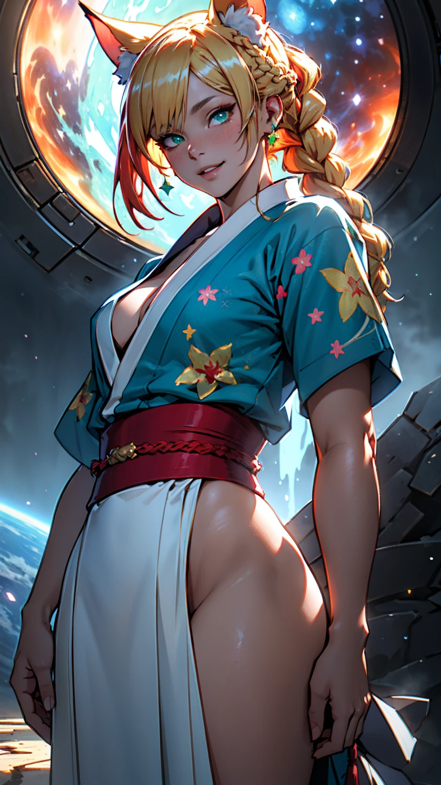 Highly detailed RAW color photo, beautiful young woman, short blonde hair,Female kitsune with 9 tails and a white yukata, kemonomimi mode, purpulish (blue | red | green) eyes, red eyeshadow, blonde hair, very long hair, braid, hime cut, seductive smile, naughty face, pov, dynamic pose,Standing split, (wide hips), (detailed skin), (detailed lips), (detailed eyes), (cosmic: 1.4), (necropolis: 1.1), (science fiction setting) (detailed face), (curvy), detailed eyes, chromatic aberration, depth of field, soft lighting, masterpiece, best quality, intricate, (lens reflection: 0.7), (flowering: 0.7), particle effects, ray tracing, tone mapping, highly detailed, concept art, smooth, sharp focus, dramatic lighting, highly detailed art, cinematic, hyper-realistic painting, trending on Artstation, 8K, amazing shadows, realistic, (highly detailed background: 1.2), mid-journey art, no nswf