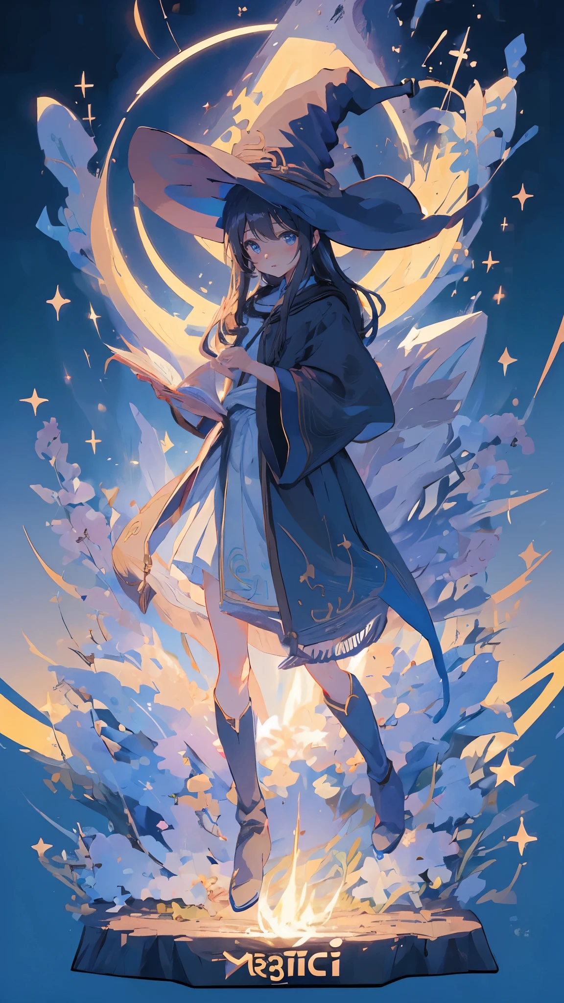 ((magic使いの女の子:1.5)), Full Body Shot,Perfect Face, Beautiful Face, Highly detailed face,(Long Hair:1.3),(Witch Hat:1.3),boots,Witch's broom,magicの杖,book of magic,Night Sky,たくさんのstar,Sparkling,Light,smile,magic,Shine,月Light,starの粒,star々,Sparkling,流れstar