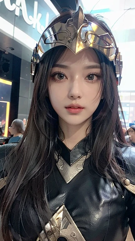Realistically, masterpiece, best quality, high resolution, 1 girl, is a perfect face, Looking at the audience, Tight cover clear vinyl, Very long black hair, High Ponytail,Green Eyes, Pale skin, Pisces, 金色armor與白色部件, armor, ((helmet)), Line art, Low profile, Clear focus, Octane Renderer,(front,Face the audience:1.2)