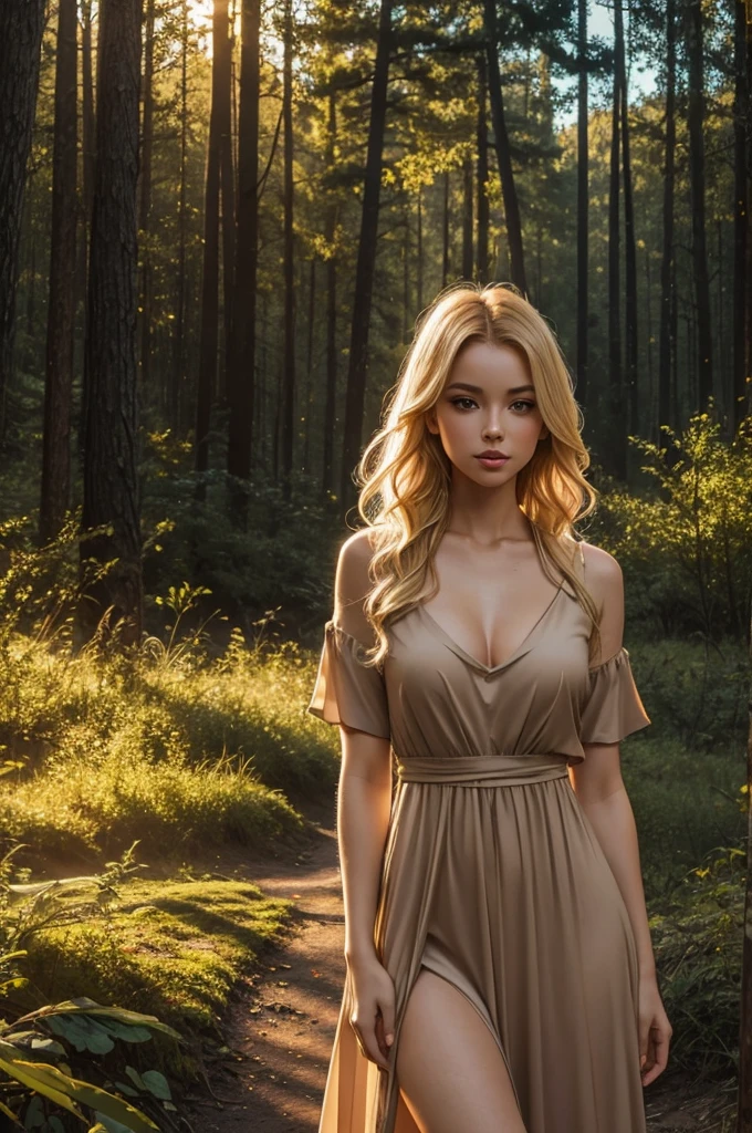 whole body, sexy ss blonde, parted lips, lips, Casual Dresses, View your viewers, Forest Background, Sunset Light, Realistic