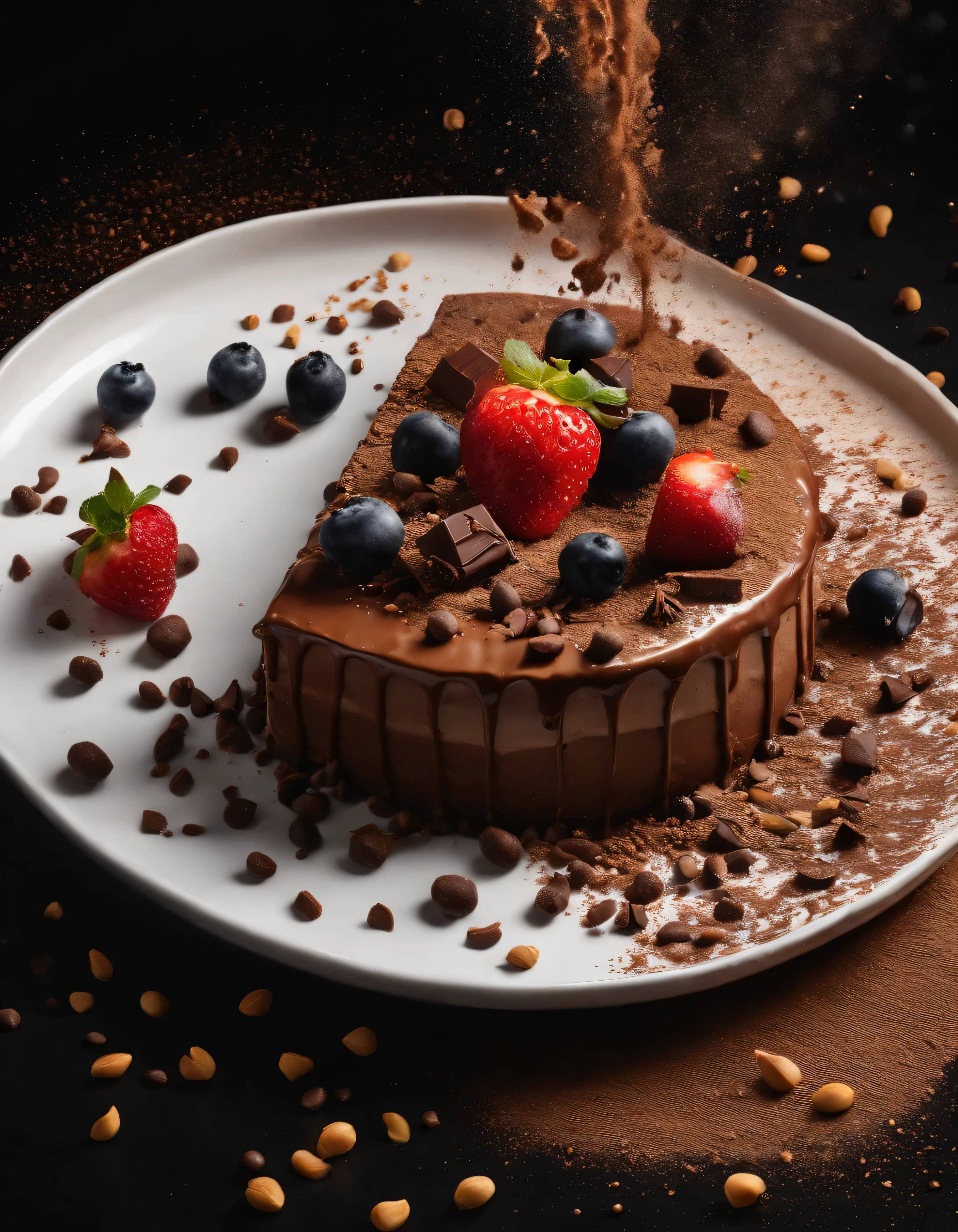 A piece of cheesecake art，Fruit and chocolate on top，Sprinkles on black background，Cocoa powder sprinkled on top, Popular on artstation, Clear focus, Dynamic studio photography lighting, Dynamic Synthesis, Dynamic angles and complex details, Very detailed, author：Greg Rutkowski