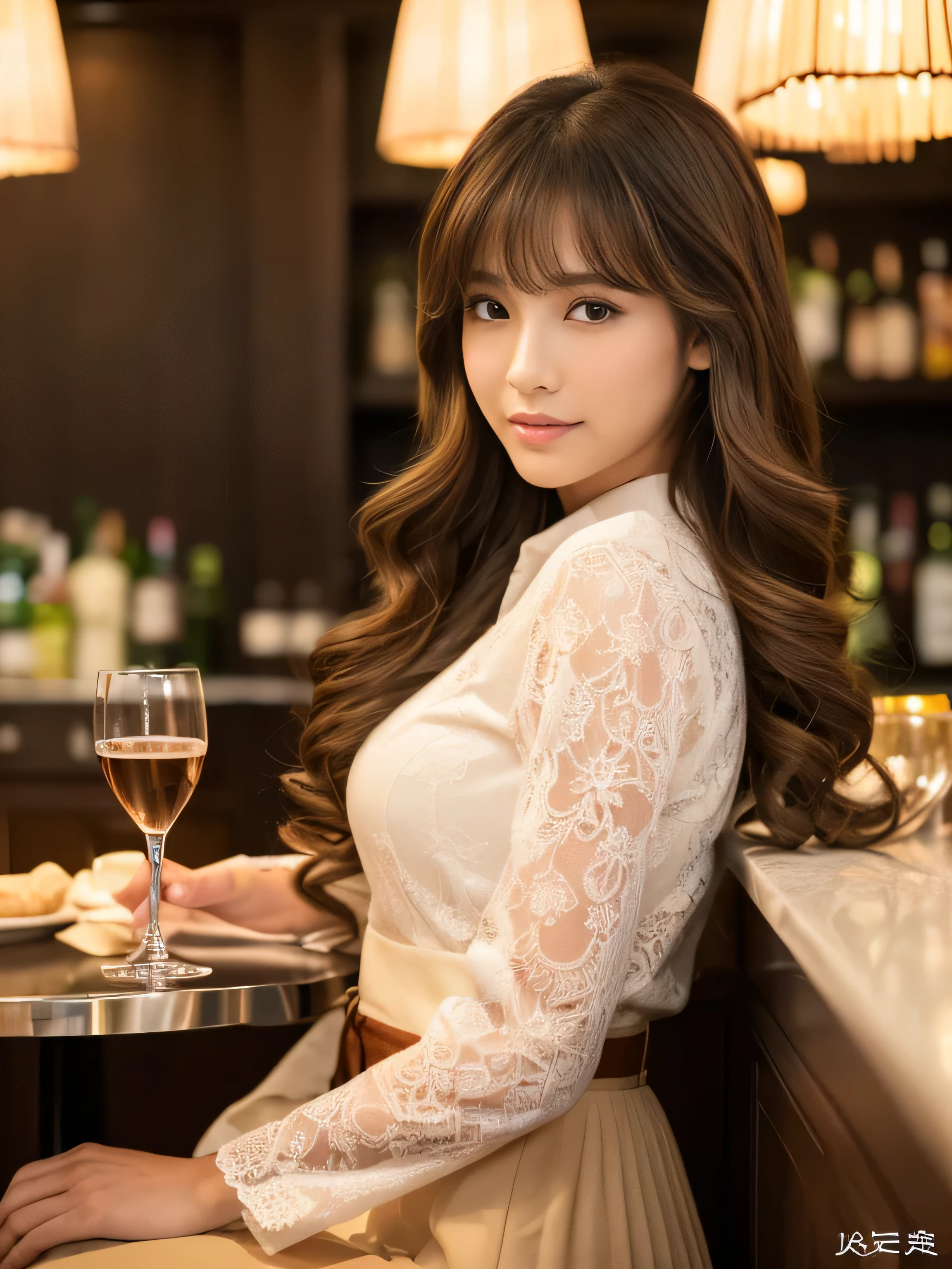 (Waist-up and table-top body shots) (JapaneseSoloPhotoshoot'The most beautiful 30-year-old hostess)) ((Her deep black hair is incredibly heavy.、curly、And it's long. Very high quality heavy curly hair 光沢のある明るい茶色のAnd it's longheavy巻き毛 Very heavy curly hair - Very length Hair with Beautiful Light Brown Her hair is extremely high quality and And it's long, Very heavy curly hair length, heavy, Silky Curl Light brown hair, And it's long Very heavy curly hair and'rich Very detailed, And it's long, Light brown hair)) ((highest quality)), ((masterpiece)), (familiar) (Get used to it) Perfect sexy face (Her skin is a typical Japanese skin color.........、Very detailed) (She is wearing a red hostess uniform with lots of lace.) (She has perfect sensual makeup、Bright red lipstick and dark black eyeliner) (She has a beautiful face and a typical Japanese figure......, Narrow eyes.) (Her bangs Well Organized) ((rich 1.4)) (Extremely detailed 8K) (Stable Diffusion Model) (Ultra-fine skin texture 1.4) (Actual, Vibrant:1.4), double eyelid Sharp focus:1.2、Beautiful woman:1.4 Dynamic Lighting (Genuine RAW photos taken by professional photographers) (Her long bangs、Well Organized) (Turn your whole body to the viewer) Professionally lit from the front (This is a night lounge room with professional lighting.、Background is wine glasses, whiskey, wait.) (She is standing behind the counter in an upscale lounge.、Serve your audience.、and looks very sexy) and