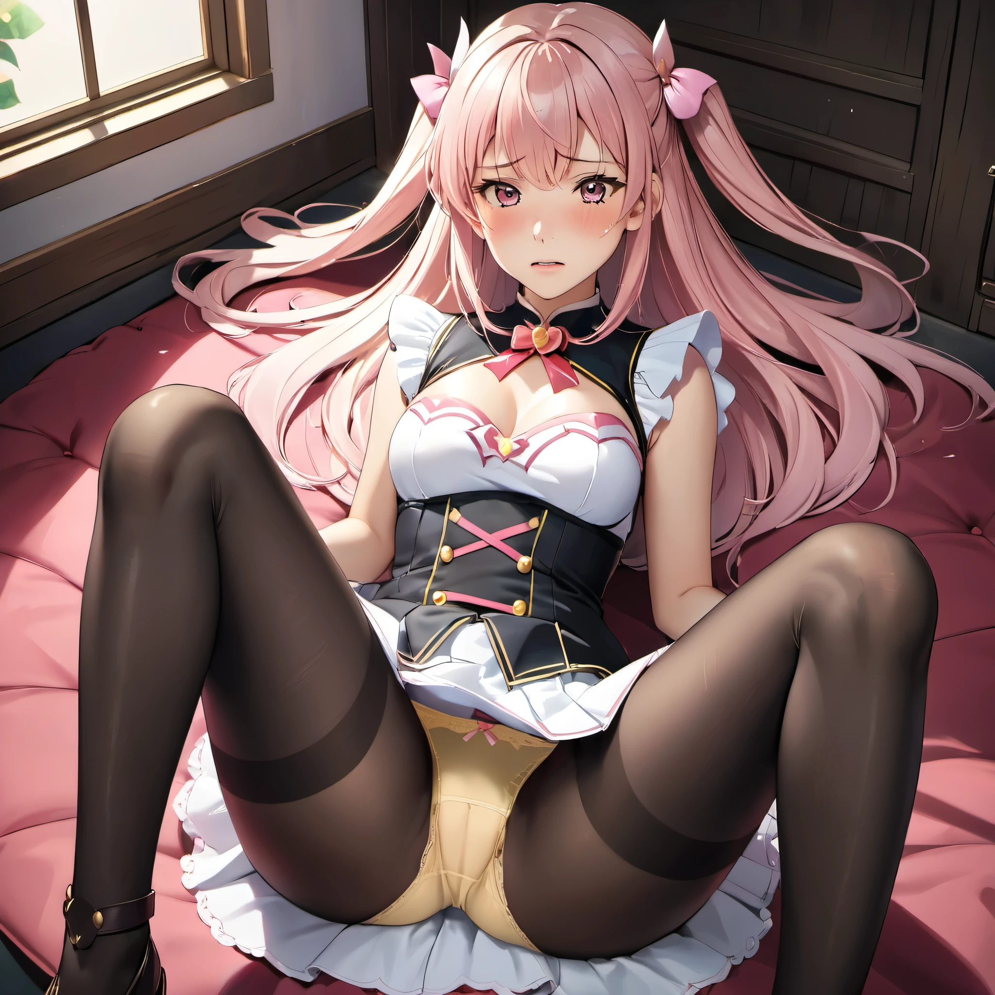 1girl, magical girl, panties,skirtlift,((upskirt)),((pantyshot)),(yellow panty),((Small panties)),(((See-through panties))),(((black pantyhose))),white race panty, ,Are crying,Anguished expression、Embarrassed look,8k,Realistic、Anime illustration,CG、1 boy, pov hands, grab breastsgrabbing own breasts