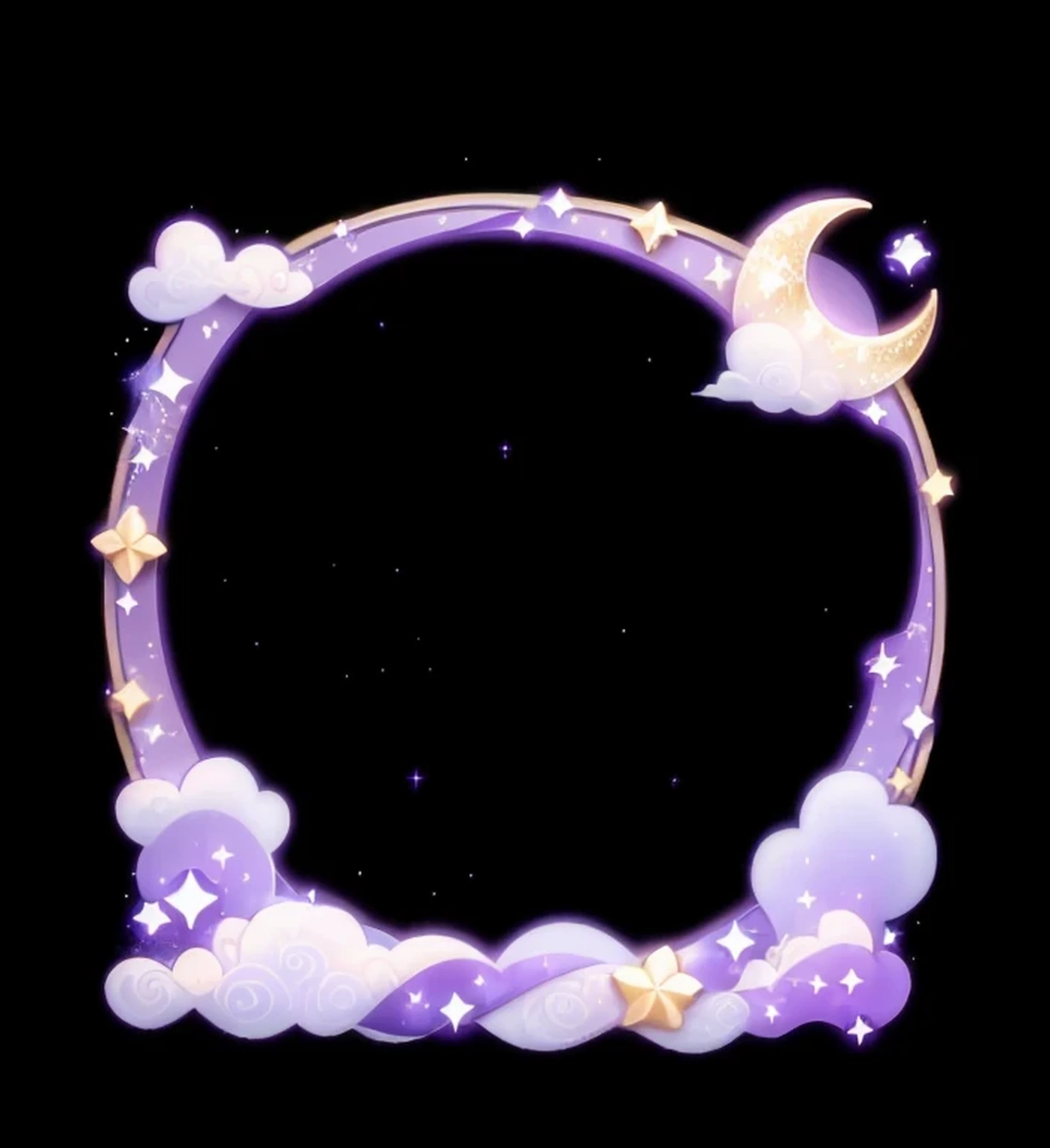 Close up of a purple frame with stars and clouds, dream soft, dream night, dream, ✨🕌🌙, fantasy puffy sky, dream portal, purple sky under moonlight, Moon and stars, new moon, themed on the stars and moon, [[fantasy]], omor, or, shining new moon, skyline, cloudy night