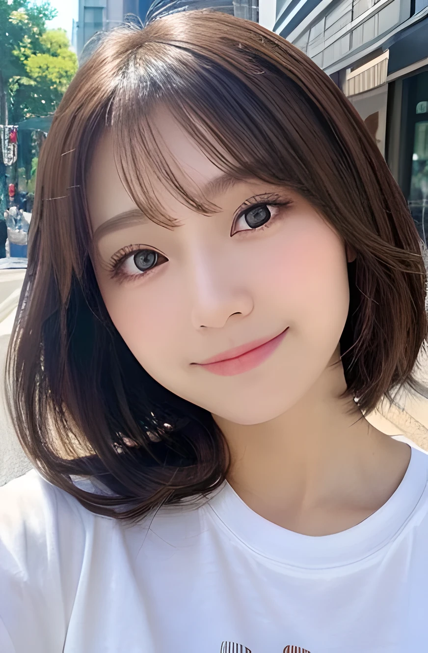 (top-quality,8K picture quality,masterpiece:1.3,),(super high resolution:1.3,Photorealsitic:1.4,Raw photography:1.2),(ultra-detailliert:1.2,shinny skin,Detailed skin),(Detailed face,Perfect Anatomy,Caustics),1girl,kawaii,japanese,22year old,Japanese ido,Natural brown hair,shoulder length hair,Pretty eyes, round big eyes, drooping eyes, natural make up,Oversized T-shirt,a smile,Looking at the camera,up on the face,Face Focus,street corner,Professional lighting,natural soft light,