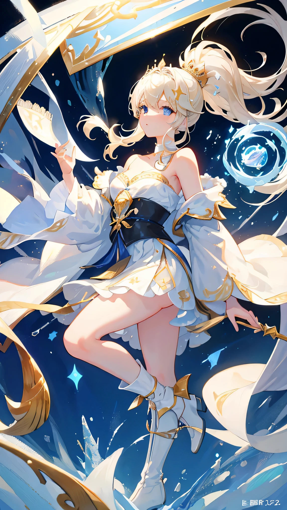 ((masterpiece)),best quality, illustration, The reflection of the clear spring water shows what I will look like after traveling through time.。( Blonde hair with blue eyes,The figure is convex and upturned,She exudes a unique charm of her own(1.4) (High ponytail,A small silver crown accessory is pinned to the right side of the hair,And the white wizard's robe with gold edges(1.4)(Wearing a white and gold two-tone mixed aristocratic off-shoulder suspender dress,Snow-white shoulders and delicate collarbones(1.4) White boots with gilded stripes covered her graceful calves and knees.。 The skirt is short,Still revealing a section of snow-white and plump thighs,With a golden leg ring on the thigh。Looking at the mysterious、Noble、A pure figure with a hint of charm,Genshin illustration