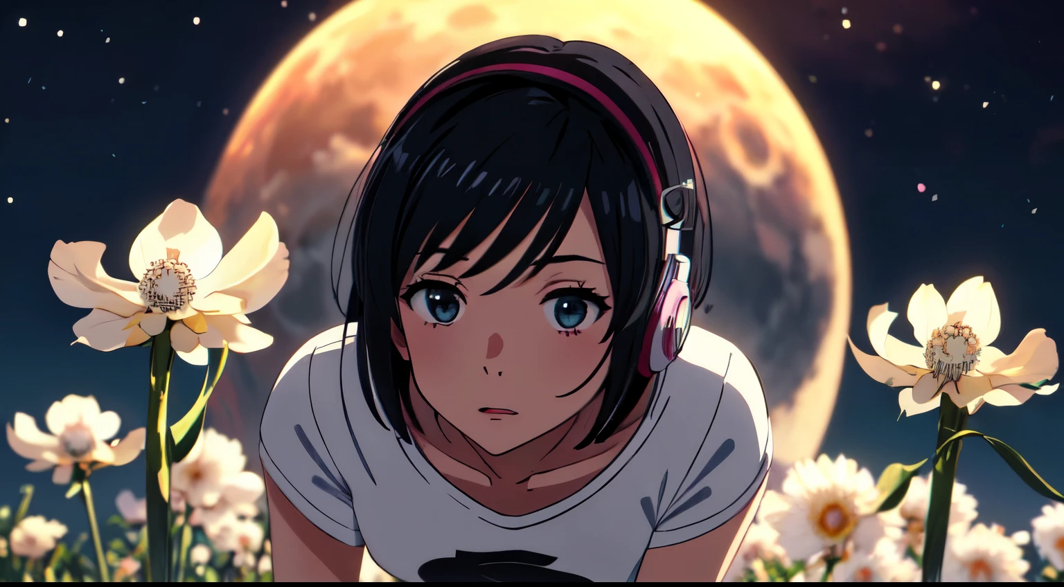 (masterpiece, super high quality, Super Resolution、Unity 8k 、32k、Ultra-detailed）、（Beautiful Face、Beautiful Eyeakoto Shinkai anime style、Moonlit、Wearing headphones、Girl with short cut black hair（1 person）、Plain black T-shirt、Black pleated mini skirt、Three-dimensional beautiful breasts、Beautiful thighs、A single night-blooming cereus flower on the plains、
