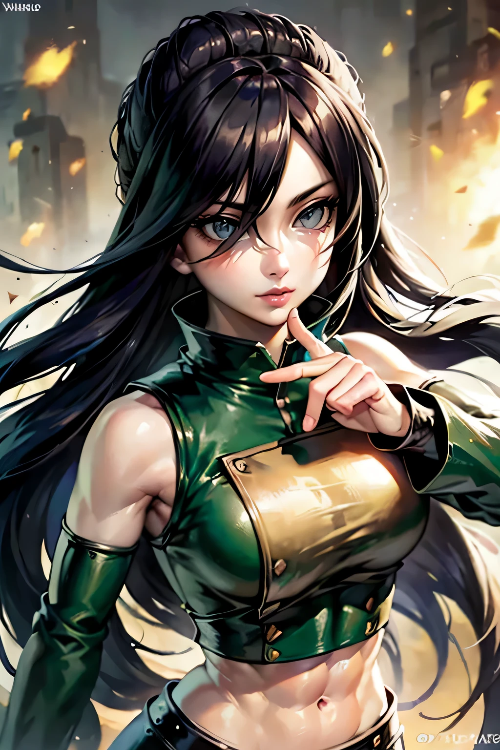 ((masterpiece, highest quality)), (solo focus), (perfect face:1.1), (high detail:1.1),dramatic, 1girl, (pale skin), Green eyes: 1.5, solo, long black hair, Hair over one eye), detailed background, Green clothes, earthbender, Mei from Naruto, (Abs:1.4),