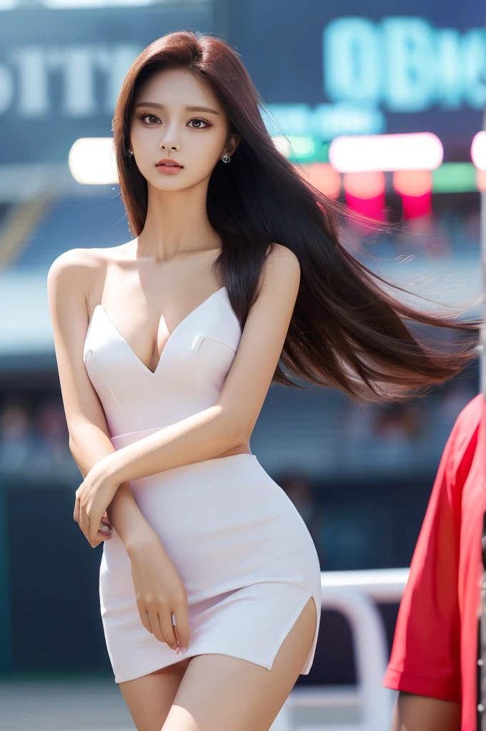 Tzuyu 1, woman, (Realistic), (Hyperrealism), (photoRealistic), Depth of written boundary, eye make up:0.7 (whole body:1.2), (Large Bust),(Tight waist), Watching the audience,In the pits at the racing track, Race Queen, Sexy dress with open shoulders and neckline