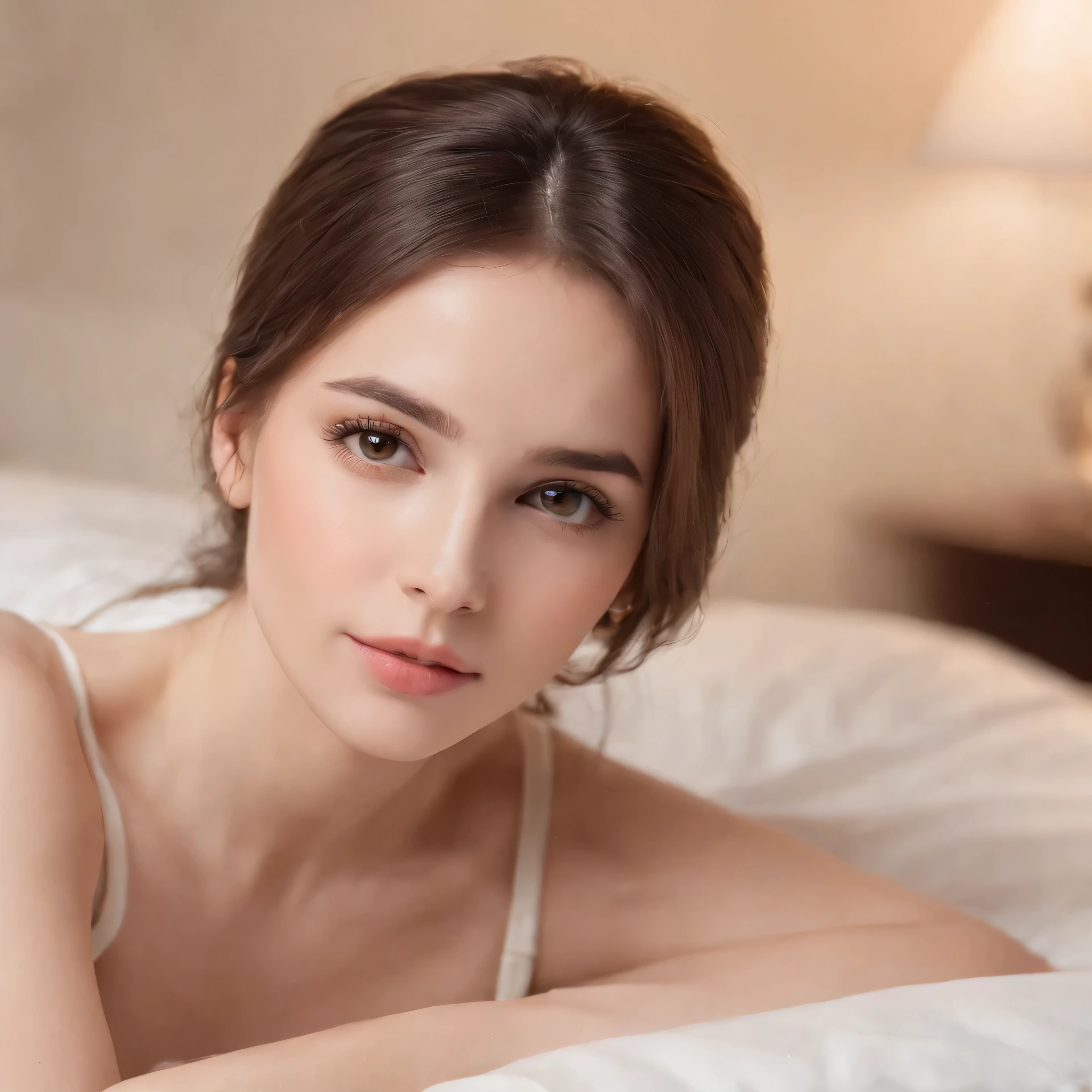 a woman with a big breast is laying on a bed, nubile body, neatly coming out of her head, beautiful alluring teen, lone female goddess, very beautiful girl, brown hair and a perfect body, a beautiful teen-aged girl, cute young girl, young and cute girl, beautiful angle, sexy look at the camera, good young girl