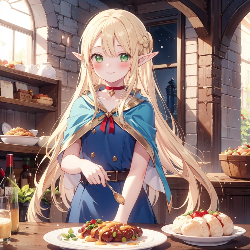 ((masterpiece,highest quality)), 
Marcille Donato,Dungeon Food, 
One girl, alone, Blonde, Long Hair, Fairy, Round elf ears, Green Eyes,
Red choker, blue capelet, 
eat, dish, spoon,
alone, smile,  blush, View your viewers,